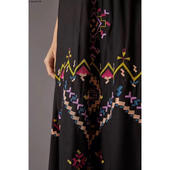 New Anthropologie Embroidered Maxi Dress Size Medium Color Black - Picture 4 of 8